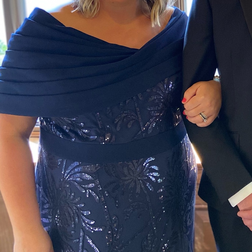 Tadashi Shoji Too Navy sequin formal long dress with off the shoulder neckline